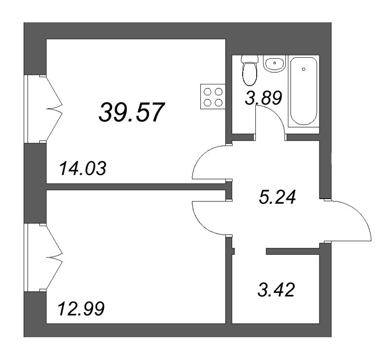 1-комнатная квартира, 39.57 м² в ЖК "Фонтанка 130" - планировка, фото №1