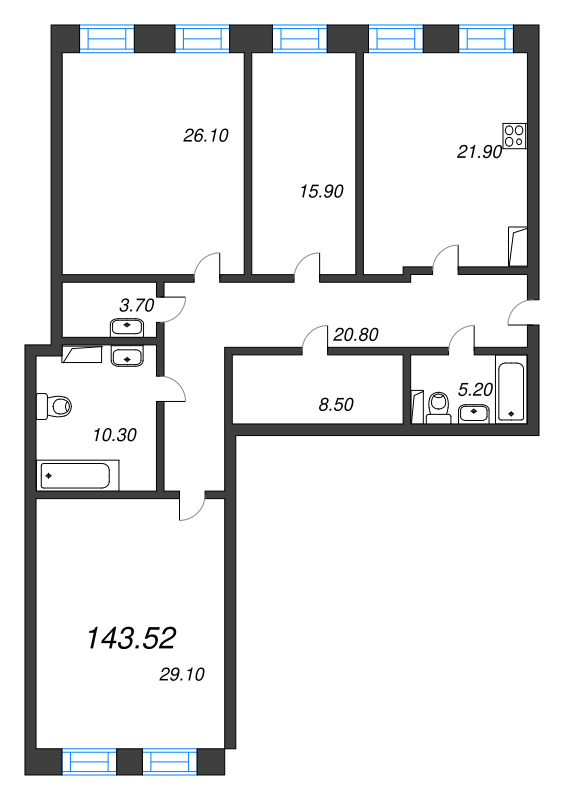 4-комнатная (Евро) квартира, 143.6 м² - планировка, фото №1