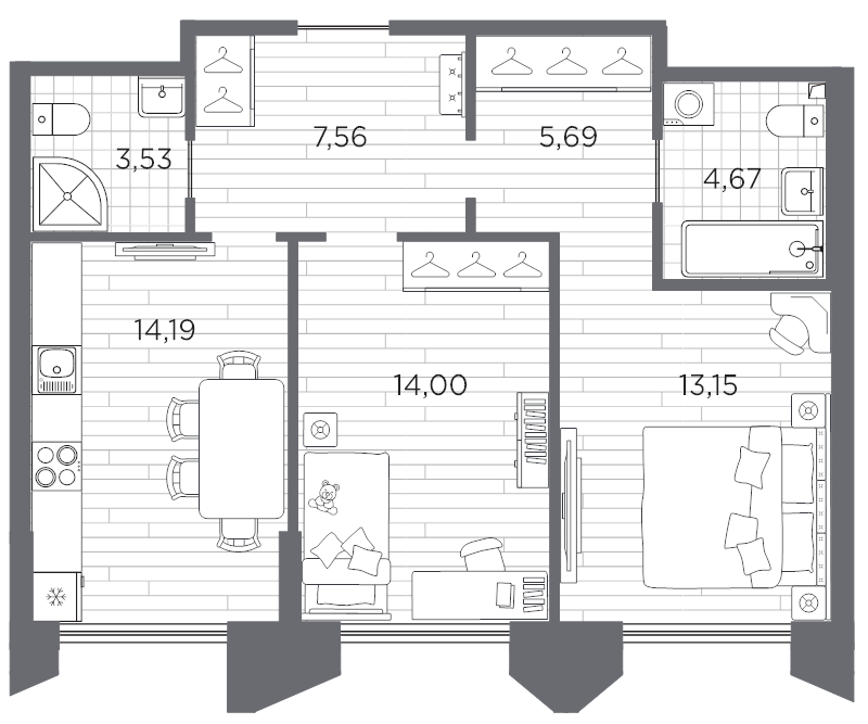 2-комнатная квартира, 62.79 м² в ЖК "Галерная гавань" - планировка, фото №1