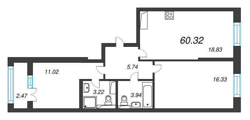 3-комнатная (Евро) квартира, 60.32 м² в ЖК "Цивилизация на неве" - планировка, фото №1
