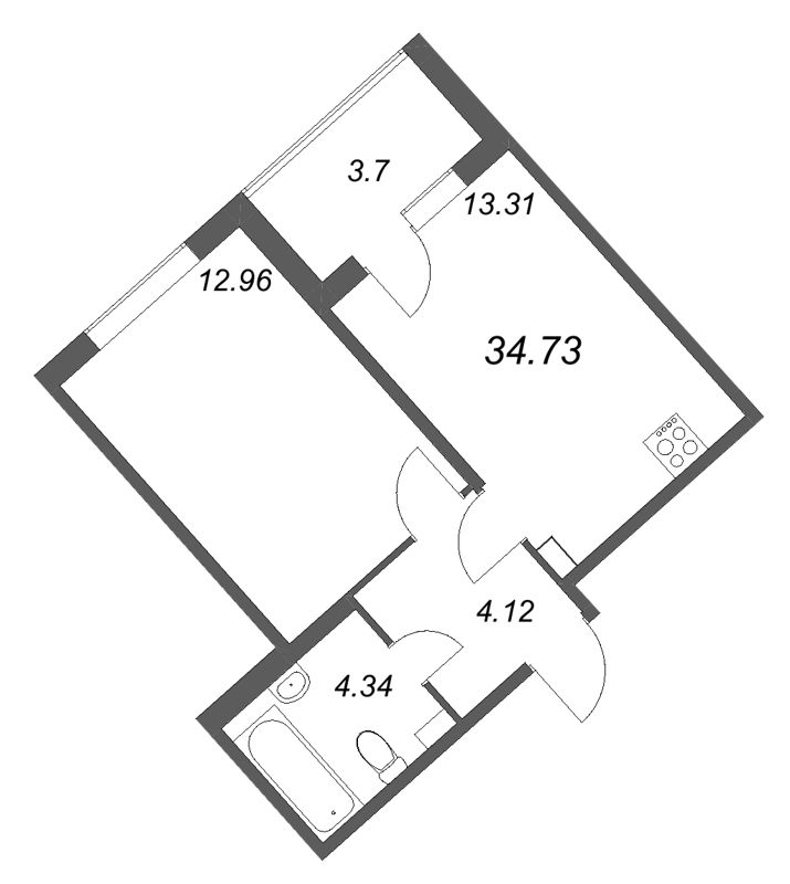 1-комнатная квартира, 34.73 м² в ЖК "Любоград" - планировка, фото №1