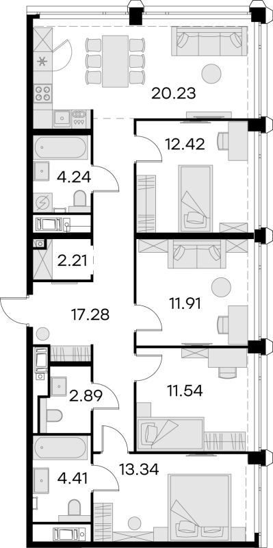 5-комнатная (Евро) квартира, 100.47 м² - планировка, фото №1