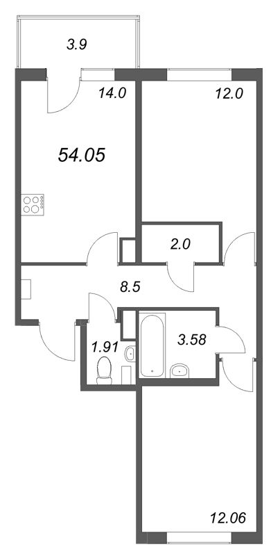 2-комнатная квартира, 54.05 м² в ЖК "Любоград" - планировка, фото №1