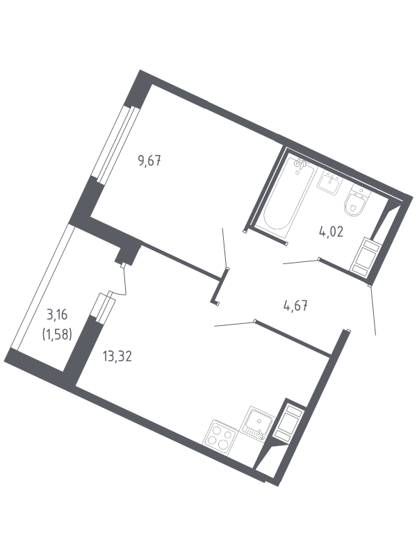 1-комнатная квартира, 33.26 м² - планировка, фото №1