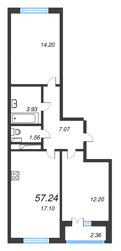 3-комнатная (Евро) квартира, 57.24 м² в ЖК "AEROCITY" - планировка, фото №1