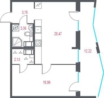 2-комнатная (Евро) квартира, 49.37 м² в ЖК "Город-спутник Южный" - планировка, фото №1