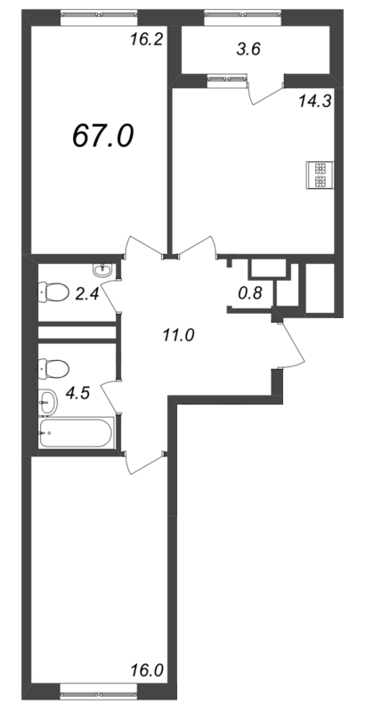 2-комнатная квартира, 67 м² - планировка, фото №1