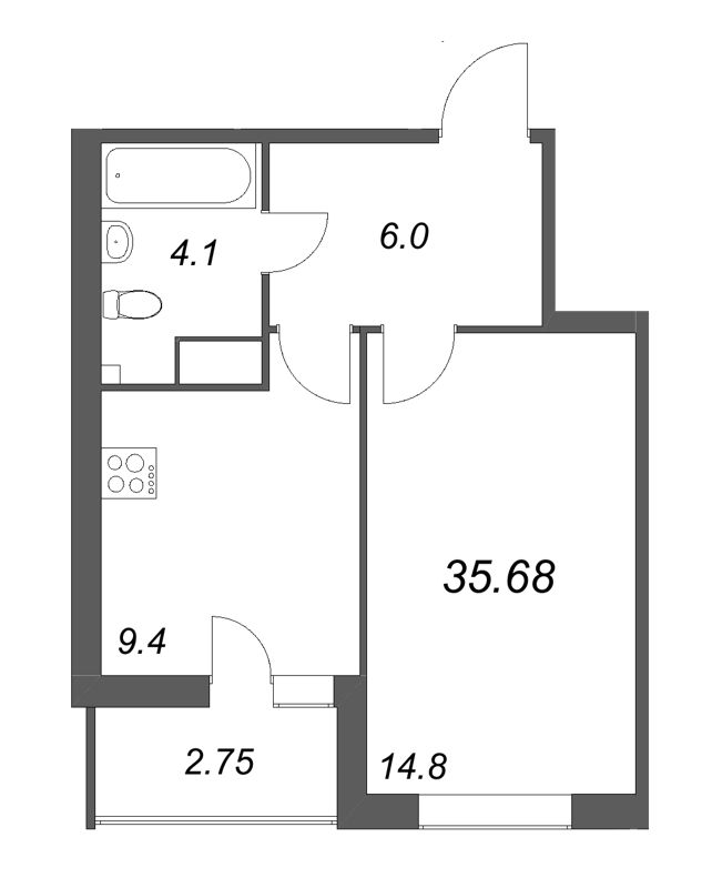 1-комнатная квартира, 35.68 м² - планировка, фото №1
