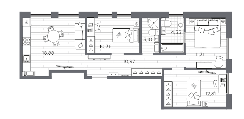 4-комнатная (Евро) квартира, 71.97 м² в ЖК "Сезоны" - планировка, фото №1
