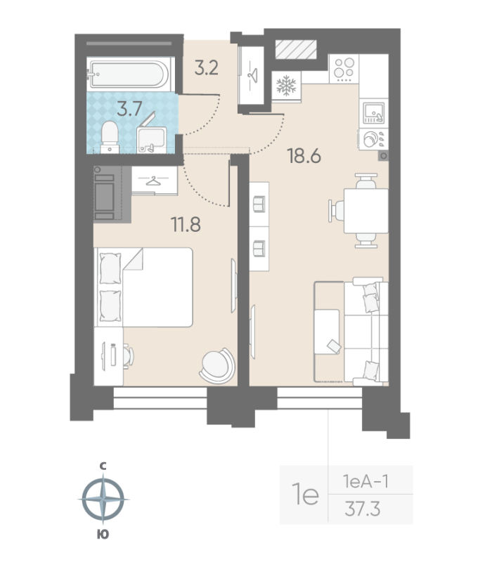 2-комнатная (Евро) квартира, 37.3 м² в ЖК "Измайловский" - планировка, фото №1