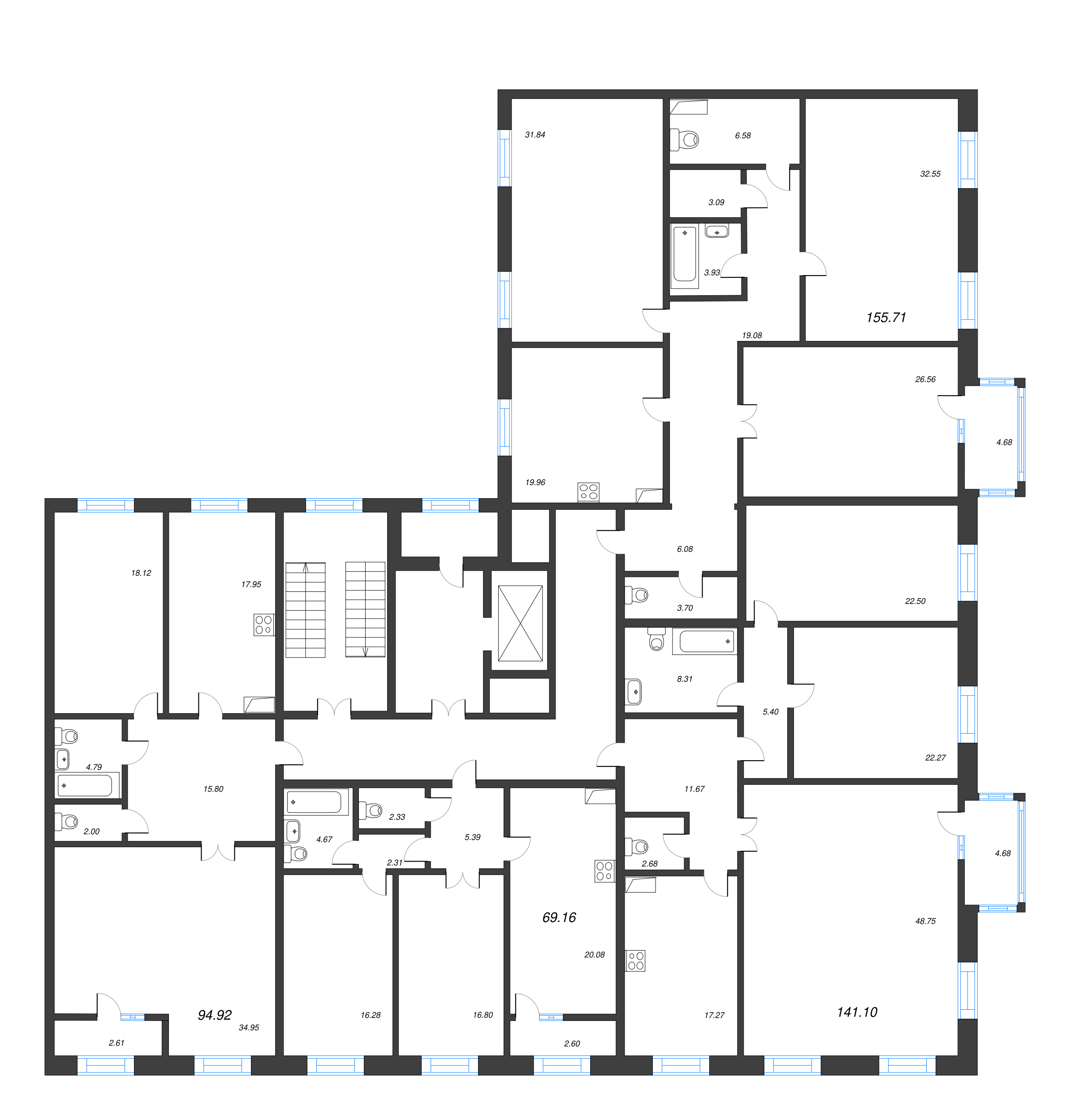 4-комнатная (Евро) квартира, 141.2 м² - планировка этажа