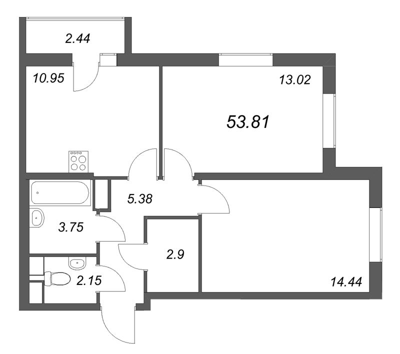 2-комнатная квартира, 53.81 м² в ЖК "Кинопарк" - планировка, фото №1