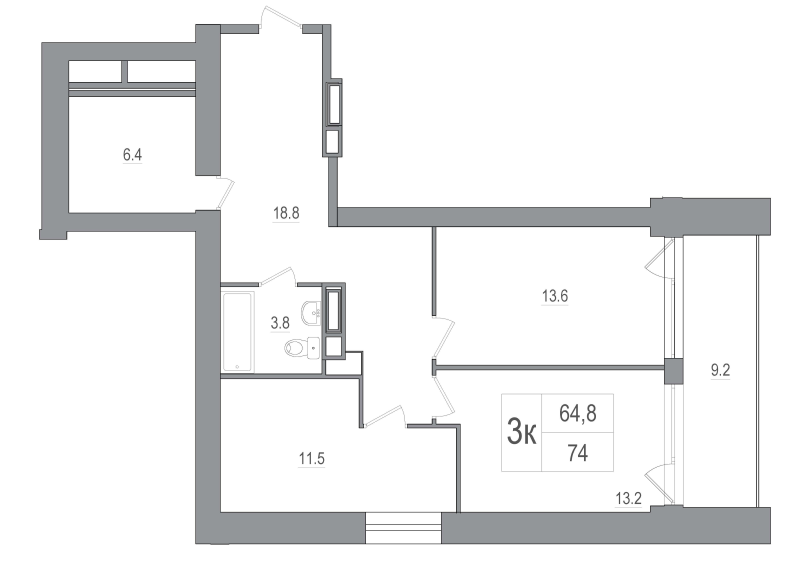 3-комнатная квартира, 75.5 м² - планировка, фото №1