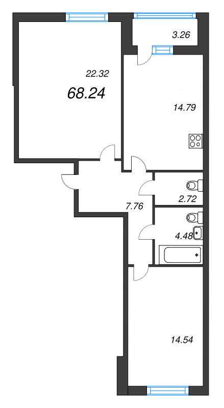 2-комнатная квартира, 68.24 м² - планировка, фото №1