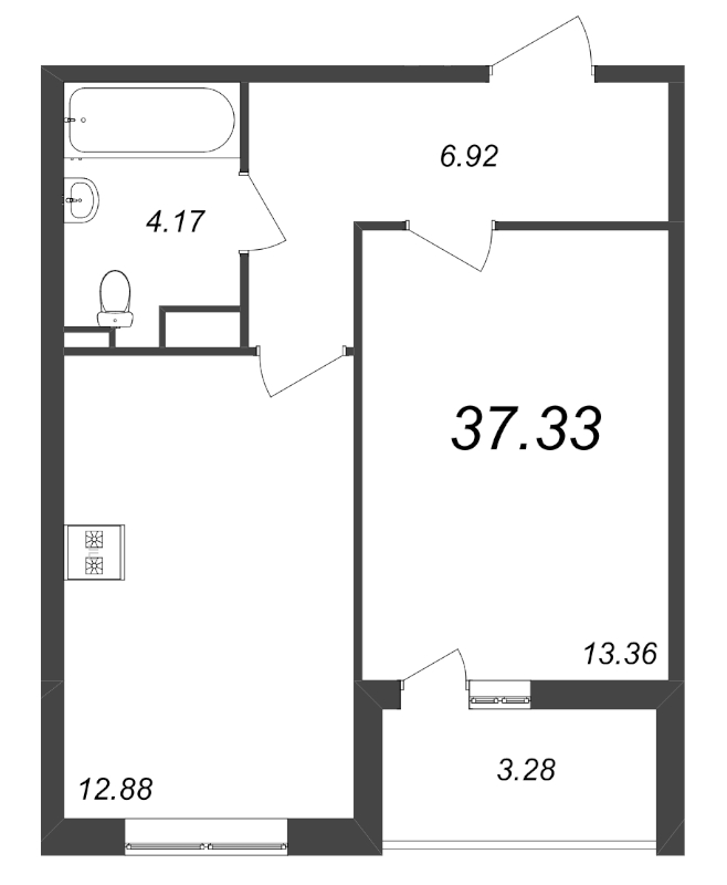 1-комнатная квартира, 34.12 м² - планировка, фото №1
