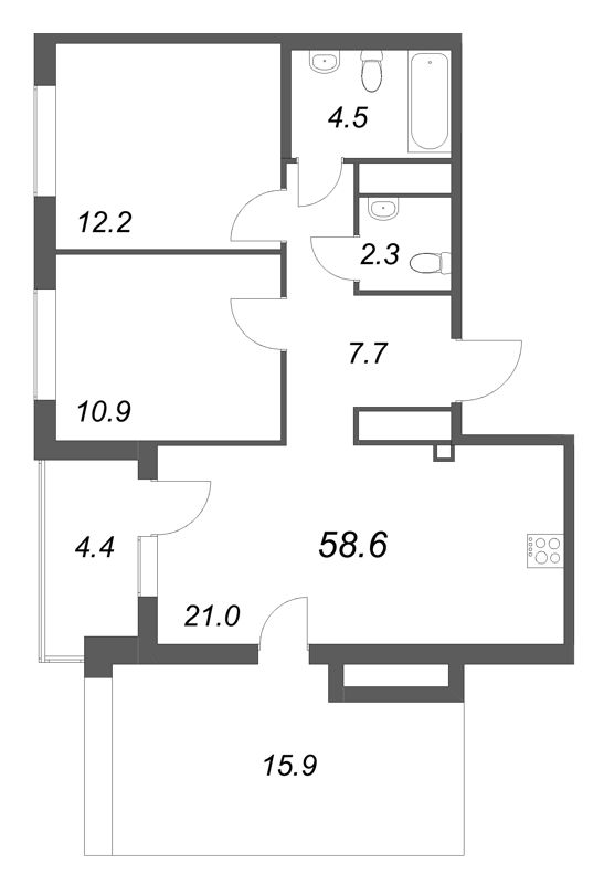 3-комнатная (Евро) квартира, 58.6 м² в ЖК "Передвижники" - планировка, фото №1