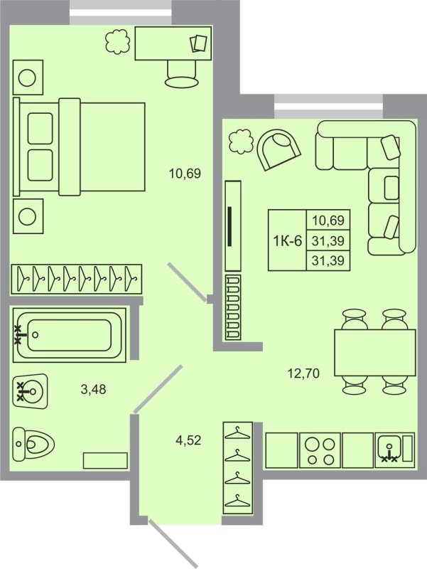 1-комнатная квартира, 31.39 м² - планировка, фото №1