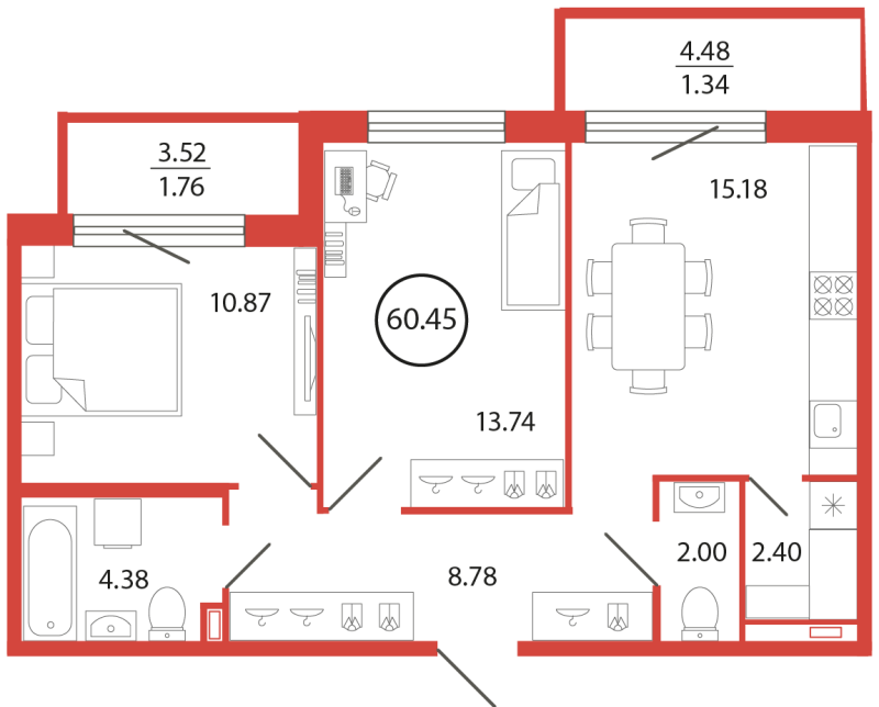 3-комнатная (Евро) квартира, 60.45 м² в ЖК "Энфилд" - планировка, фото №1