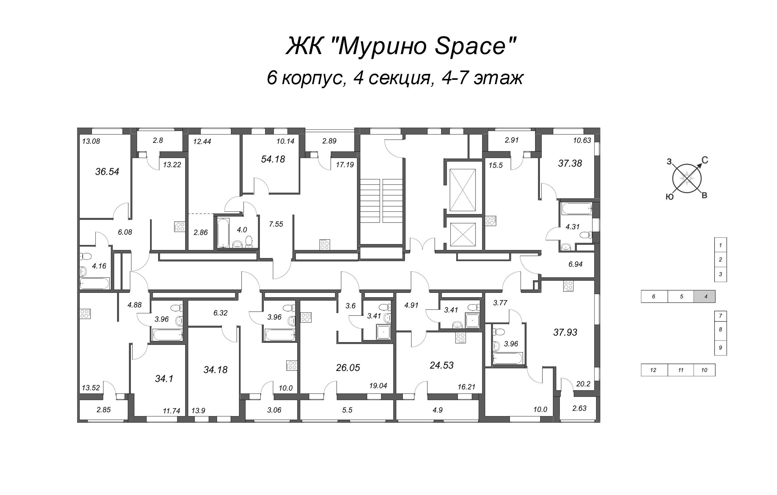 2-комнатная (Евро) квартира, 37.38 м² - планировка этажа