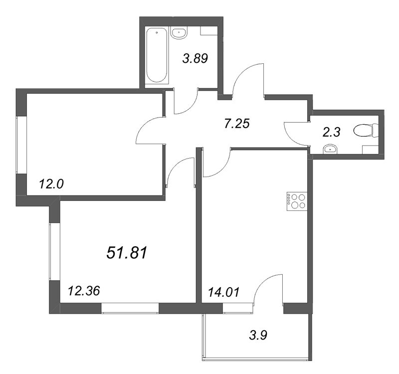 2-комнатная квартира, 51.81 м² - планировка, фото №1