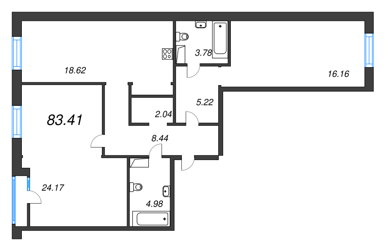 3-комнатная (Евро) квартира, 83.41 м² - планировка, фото №1
