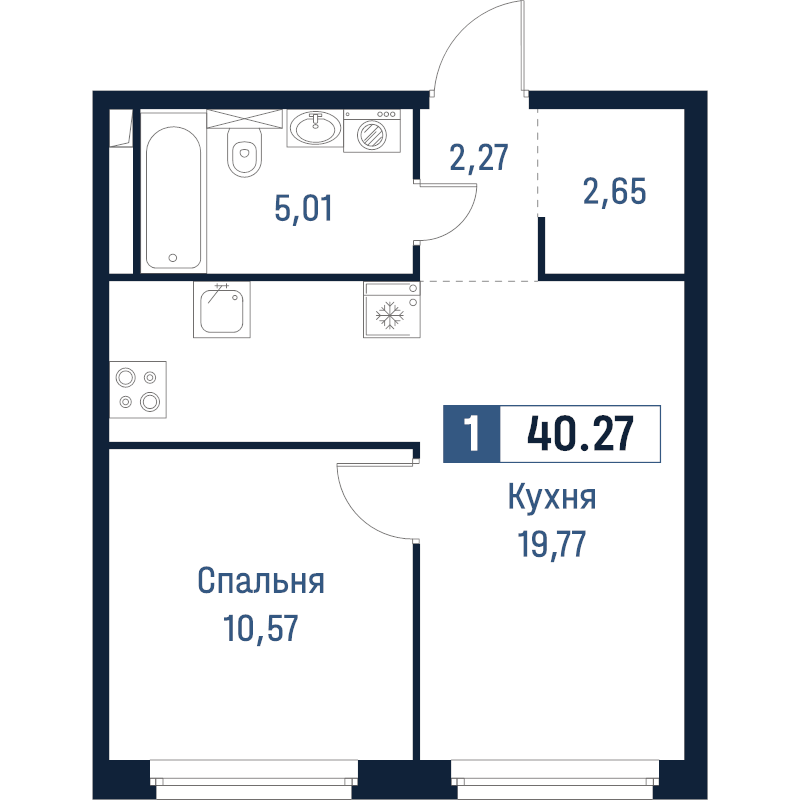 2-комнатная (Евро) квартира, 40.27 м² в ЖК "Максималист" - планировка, фото №1
