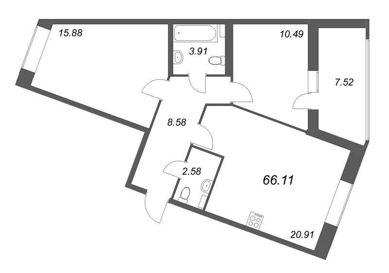 3-комнатная (Евро) квартира, 66.11 м² в ЖК "Аквилон RekaPark" - планировка, фото №1