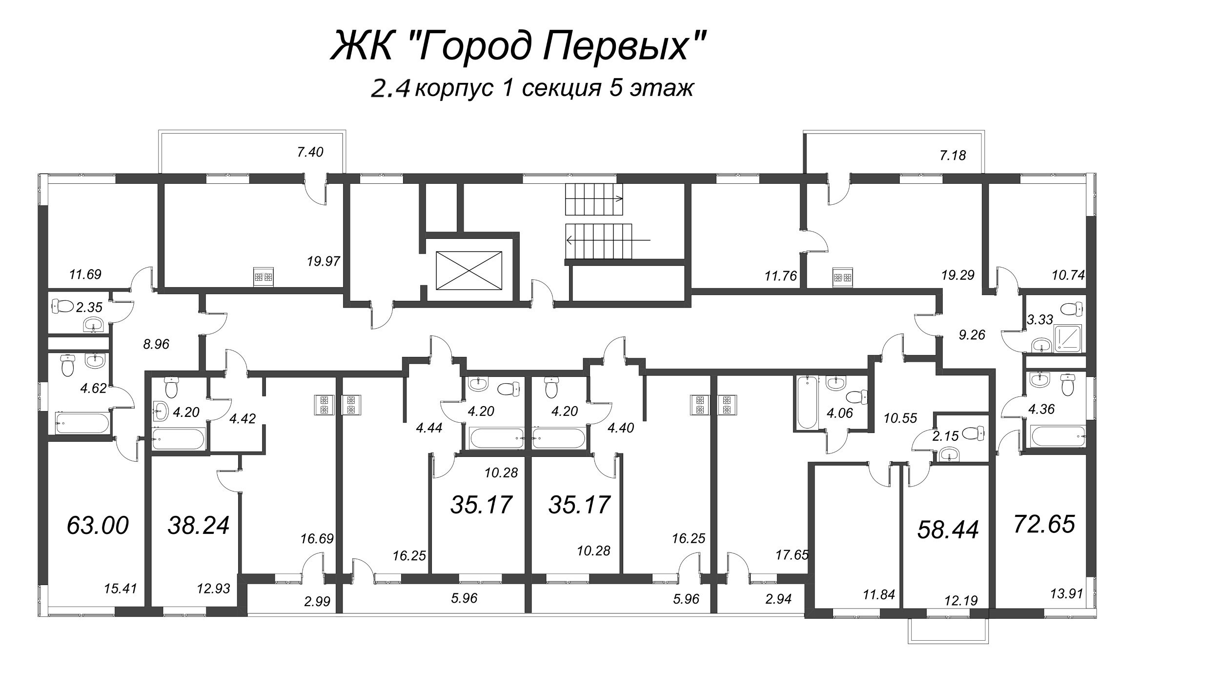 3-комнатная (Евро) квартира, 61.32 м² - планировка этажа