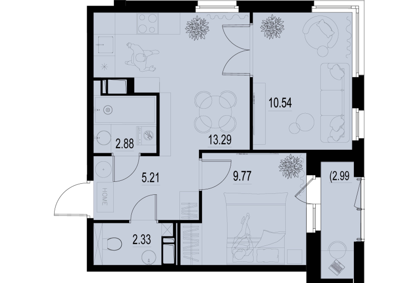 2-комнатная квартира, 45.52 м² - планировка, фото №1
