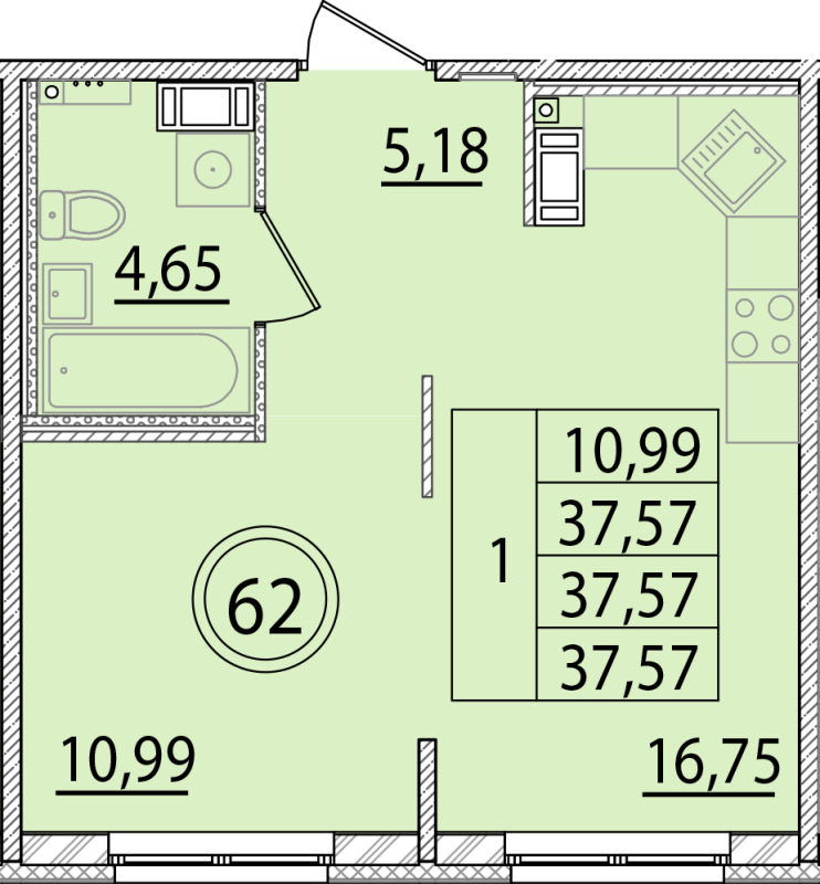 2-комнатная (Евро) квартира, 37.57 м² в ЖК "Образцовый квартал 15" - планировка, фото №1