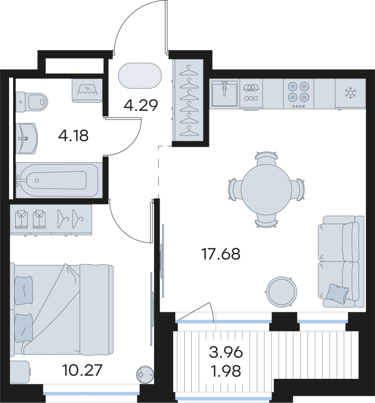 2-комнатная (Евро) квартира, 38.4 м² в ЖК "Новоселье" - планировка, фото №1