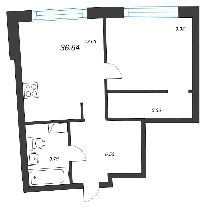1-комнатная квартира, 36.64 м² - планировка, фото №1
