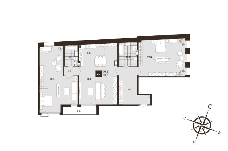 4-комнатная (Евро) квартира, 176.7 м² в ЖК "Дом на Бронницкой" - планировка, фото №1