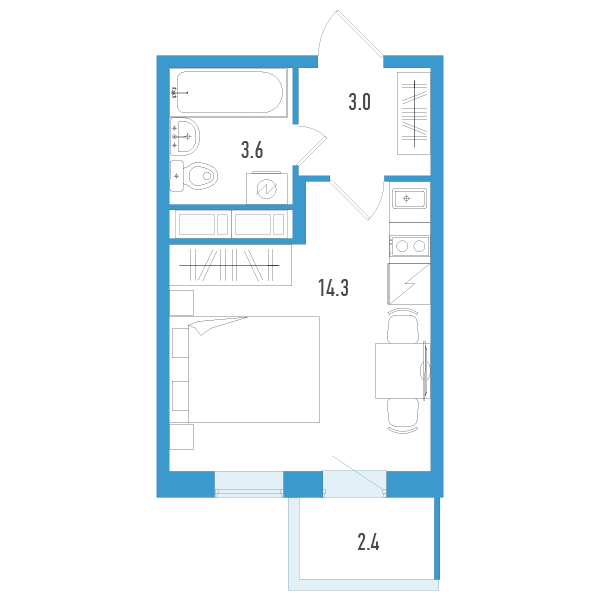 Квартира-студия, 21.6 м² в ЖК "Аэросити Клаб" - планировка, фото №1