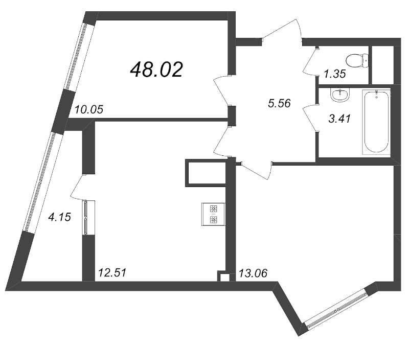 2-комнатная квартира, 48.02 м² - планировка, фото №1