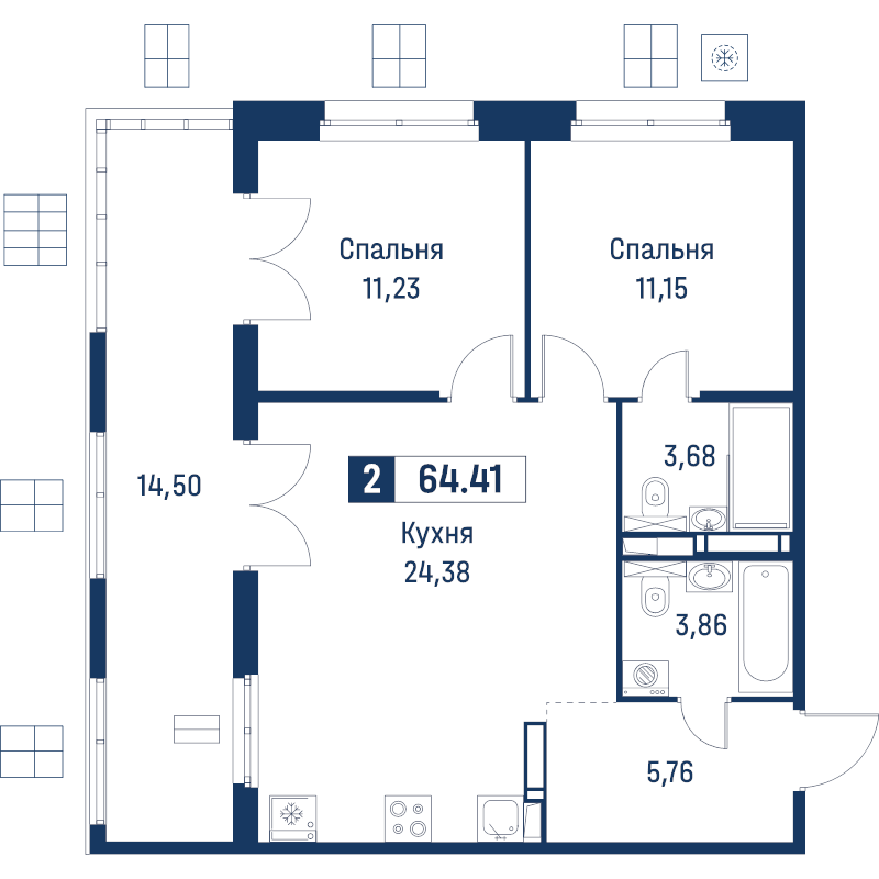 3-комнатная (Евро) квартира, 64.41 м² в ЖК "Символист" - планировка, фото №1