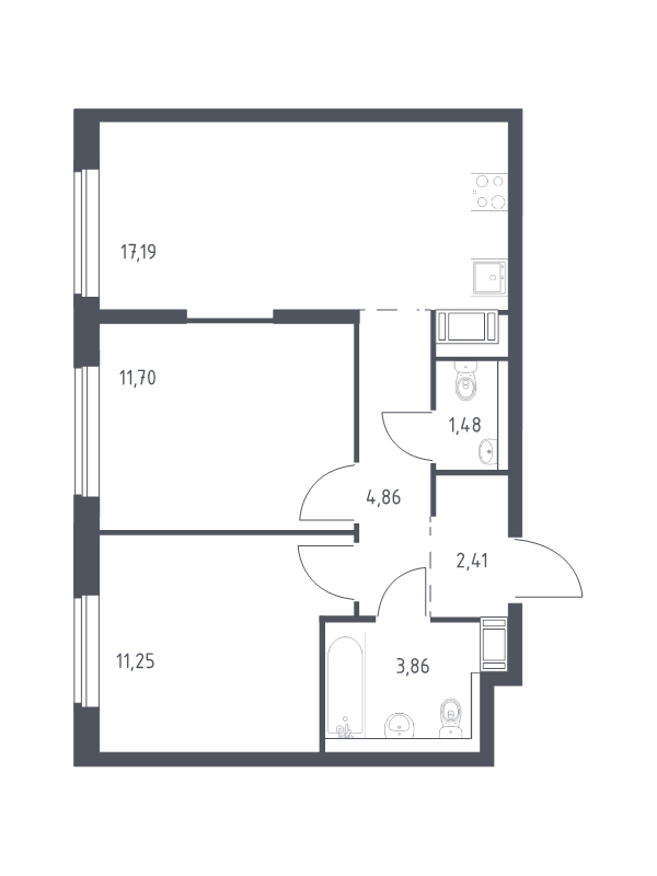 3-комнатная (Евро) квартира, 52.75 м² - планировка, фото №1