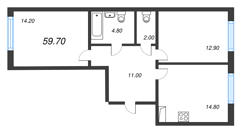 2-комнатная квартира, 59.7 м² в ЖК "Монография" - планировка, фото №1