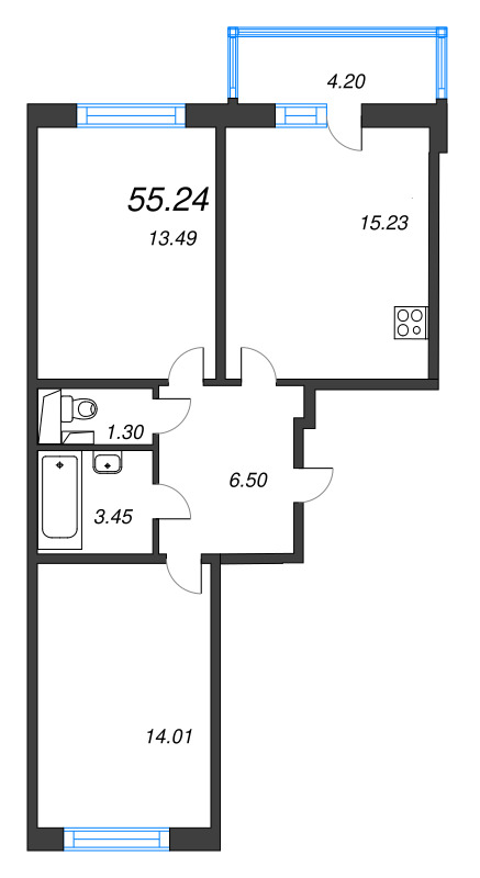 3-комнатная (Евро) квартира, 55.24 м² в ЖК "AEROCITY" - планировка, фото №1