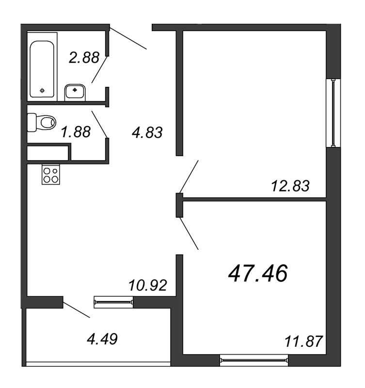 2-комнатная квартира, 47.46 м² - планировка, фото №1