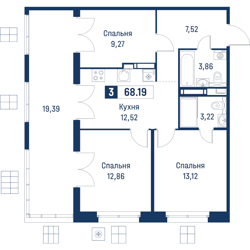3-комнатная квартира, 68.19 м² в ЖК "Символист" - планировка, фото №1