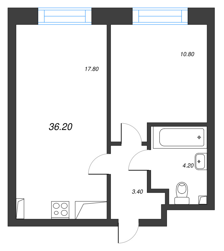 2-комнатная (Евро) квартира, 36.2 м² в ЖК "Большая Охта" - планировка, фото №1