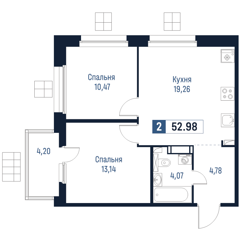 3-комнатная (Евро) квартира, 52.98 м² в ЖК "Максималист" - планировка, фото №1
