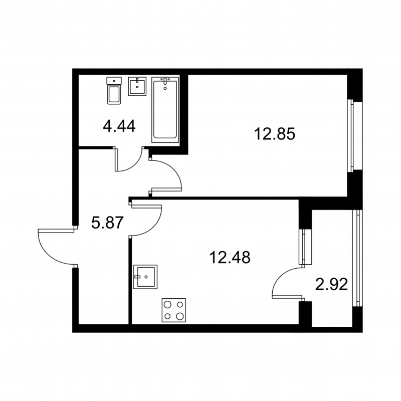 1-комнатная квартира, 37.1 м² - планировка, фото №1