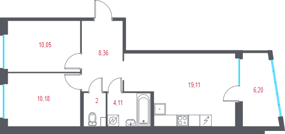 3-комнатная (Евро) квартира, 55.67 м² в ЖК "Город-спутник Южный" - планировка, фото №1