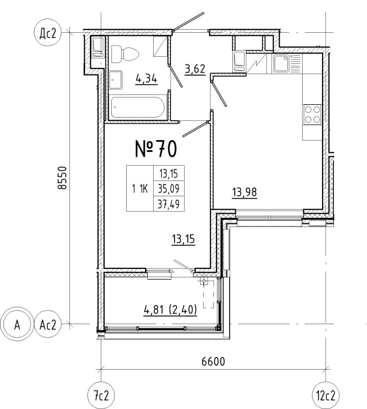 1-комнатная квартира, 37.49 м² в ЖК "N8" - планировка, фото №1