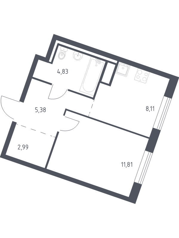 1-комнатная квартира, 33.12 м² - планировка, фото №1