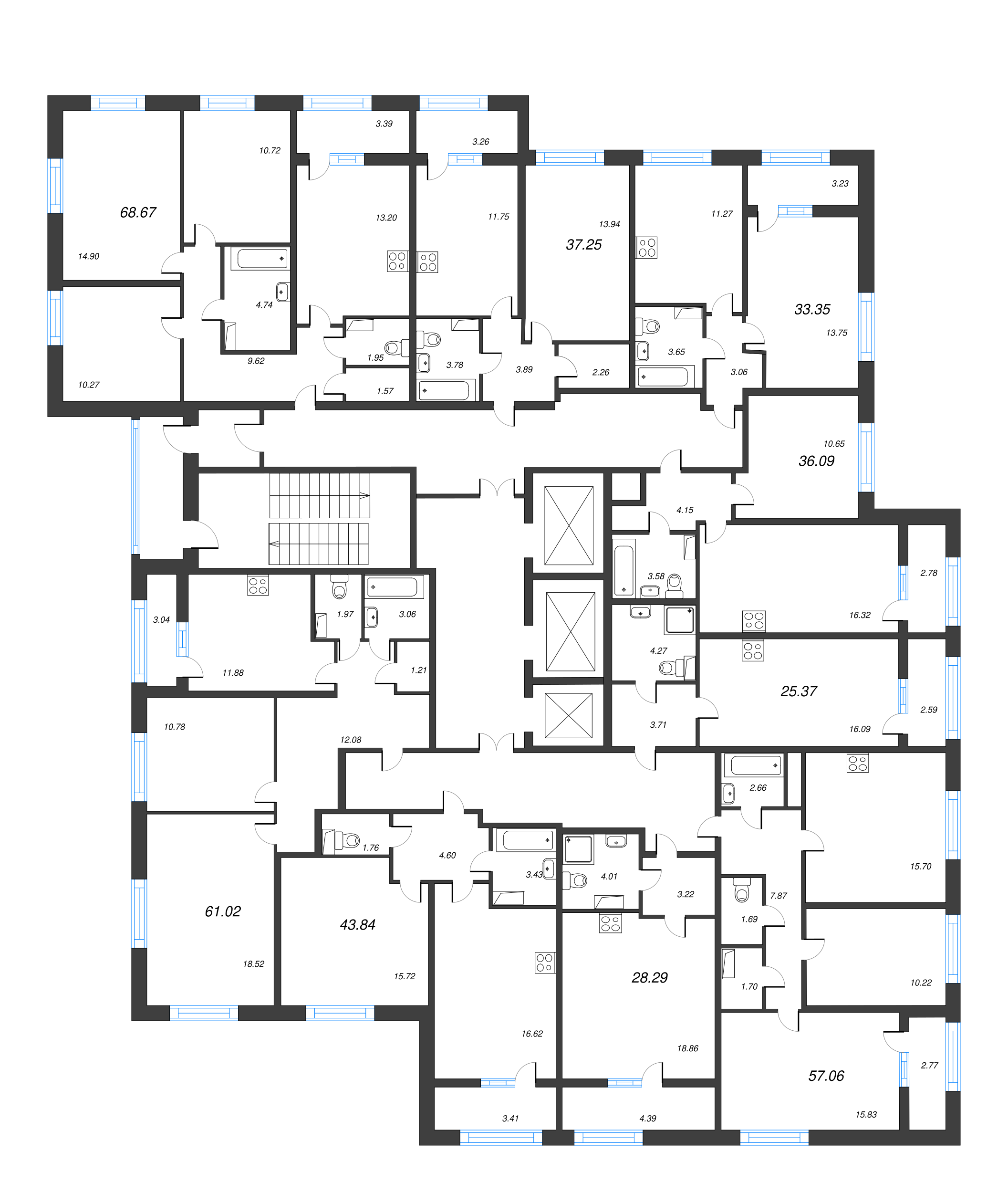 2-комнатная (Евро) квартира, 43.84 м² - планировка этажа
