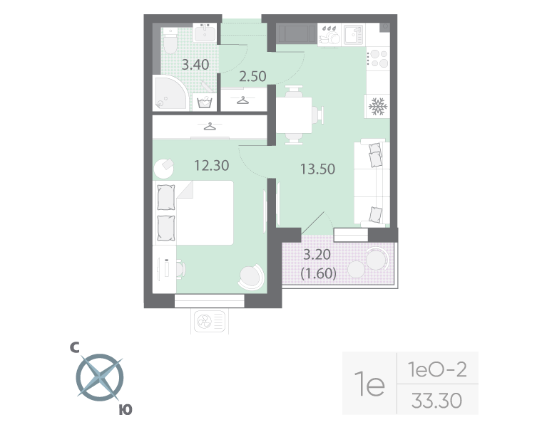 1-комнатная квартира, 33.3 м² в ЖК "Зеркальный ручей" - планировка, фото №1