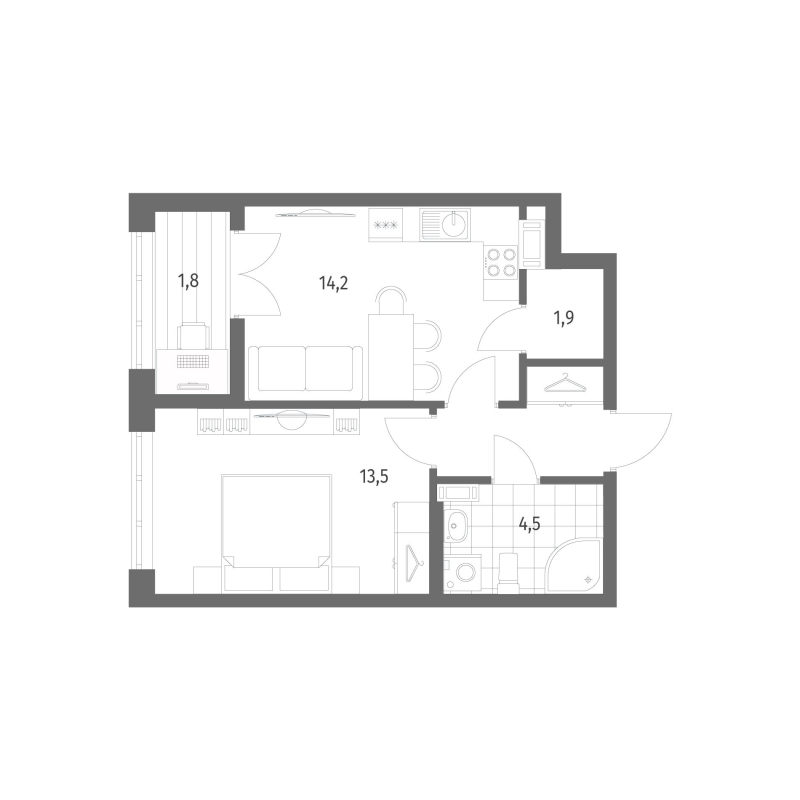 1-комнатная квартира, 39.8 м² - планировка, фото №1